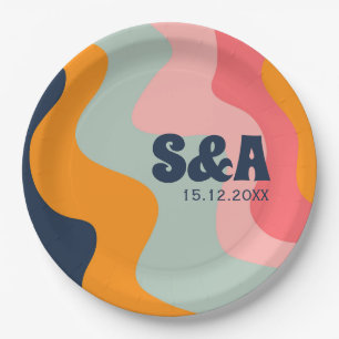 70s Retro Groovy Wavy Pastel Roze Blauw Bruiloft Papieren Bordje