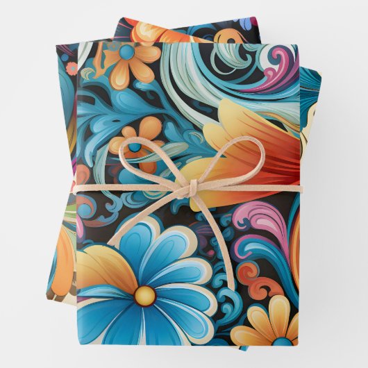  70s Retro Hippie Style Flower Power Boho Inpakpapier Vel (In situ)