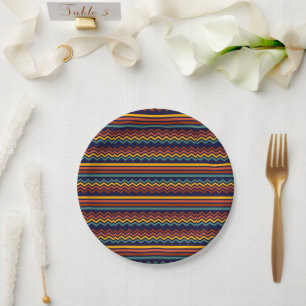 70s Retro Marine & Mosterd Boho Chevron Strepen Papieren Bordje