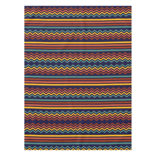 70s Retro Marine & Mosterd Boho Chevron Strepen Tafelkleed (Voorkant)