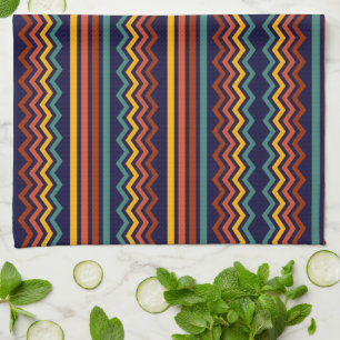 70s Retro Marine & Mosterd Boho Chevron Strepen Theedoek