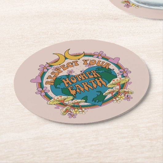 70's Retro Moeder Aarde Grafisch Ronde Kartonnen Onderzetter (Gebogen)