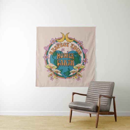 70's Retro Moeder Aarde Grafisch Wandkleed (In situ)