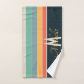 70s Retro Monogrammed Roze en Navy Blue Stripes Bad Handdoek (Handdoek)