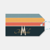 70s Retro Monogrammed Roze en Navy Blue Stripes Cadeaulabel (Voorkant (Horizontaal))