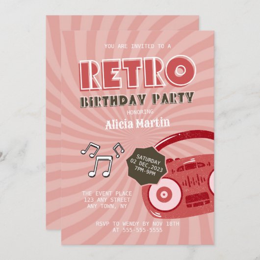 70s Retro Muziek Verjaardagsfeest Uitnodiging (Voorkant / Achterkant)