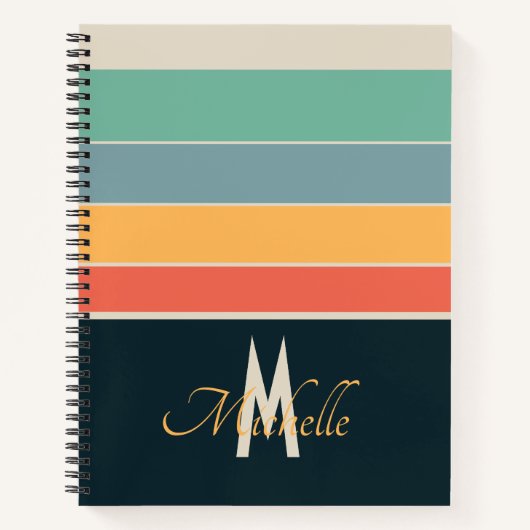 70s retro Navy blauw en roze Stripes monogram Notitieboek (Voorkant)