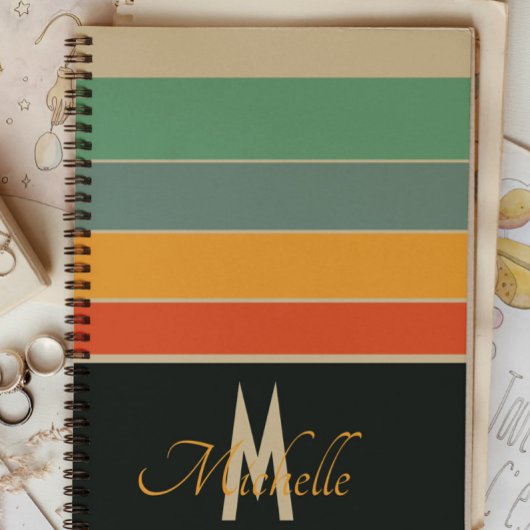 70s retro Navy blauw en roze Stripes monogram Notitieboek