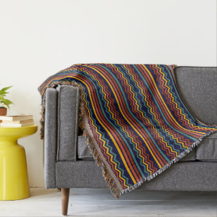 70s Retro Navy & Mosterd Boho Chevron Strepen Deken