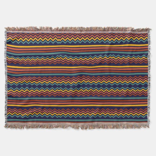 70s Retro Navy & Mosterd Boho Chevron Strepen Deken (Voorkant)