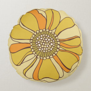 70s Retro Oranje & Gold Flower Rond Kussen