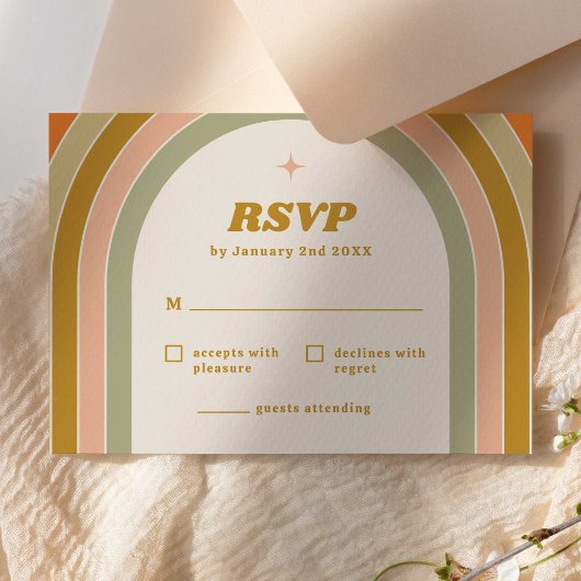 70s Retro Regenboog Groovy Huwelijk RSVP Kaartje