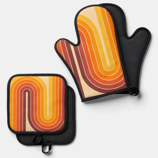 70s Retro  Stijl Geometrisch Ontwerp Ovenwant & Pannenlap Set (Voorkant / Achterkant)