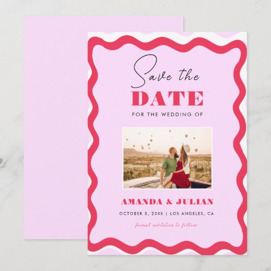 70s Retro Wavy Lijst Roze en Rode Fotozeven Save The Date (Voorkant / Achterkant)