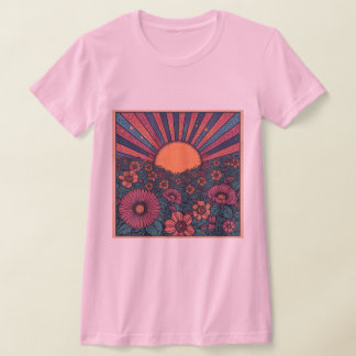 70s Retro Zonsopgang Bloemenveld Ontwerp T-shirt