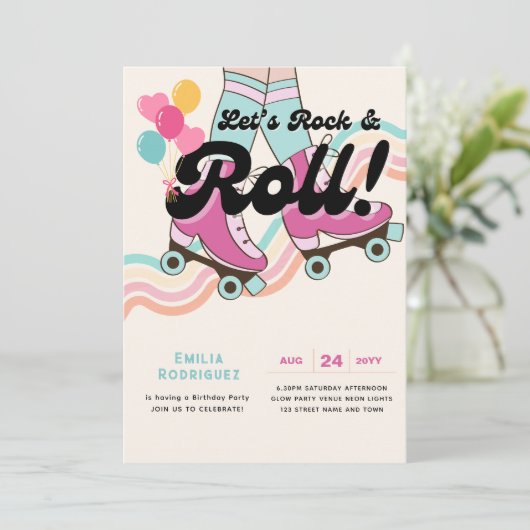 70s Rock en Roll Schaatsen Party Retro Meisjes Kaart (Staand voorkant)