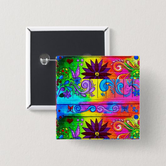 70's roovy hippie-knop vierkante button 5,1 cm (Voorkant /achterkant)