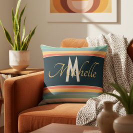 70s  roze en blauwe strepen monogram kussen