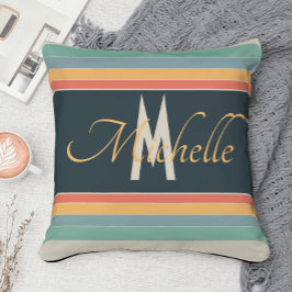 70s roze en blauwe strepen monogram kussen