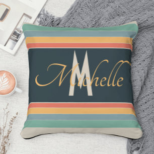 70s  roze en blauwe strepen monogram kussen