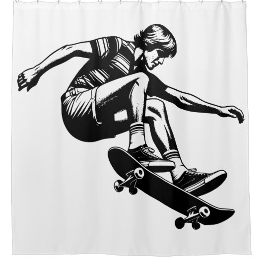 70's Skateboarder Zwart en Wit Douchegordijn (Voorkant)