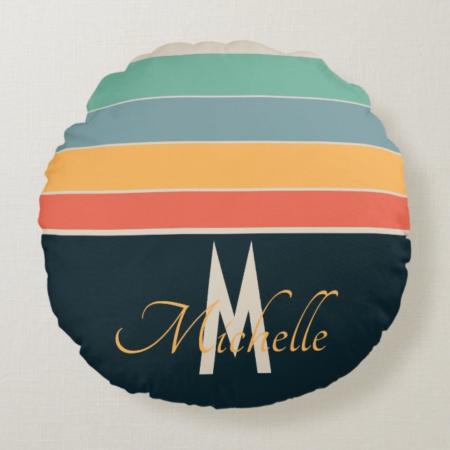 70s  Stripe patroon aangepast initiaal Rond Kussen (Voorkant)