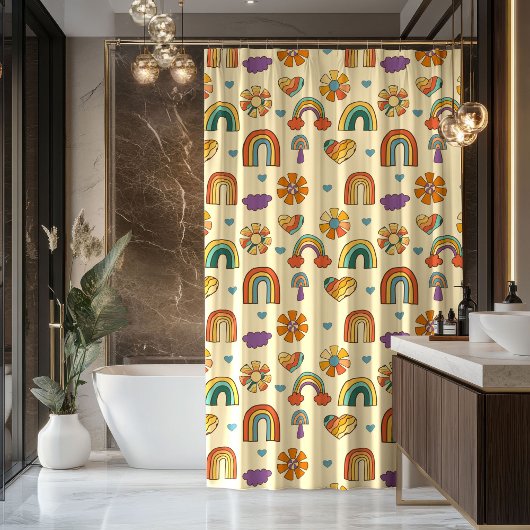 70s Style Curtain Groovy Pastel Rainbow Design Douchegordijn