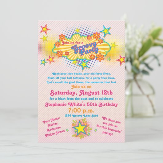70s Theme Groovy Flower Power 50th Birthday Party Kaart (Staand voorkant)