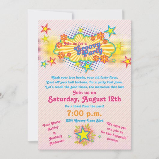 70s Theme Groovy Flower Power Party Invitation Kaart (Voorkant)