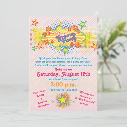 70s Theme Groovy Flower Power Party Invitation Kaart (Staand voorkant)