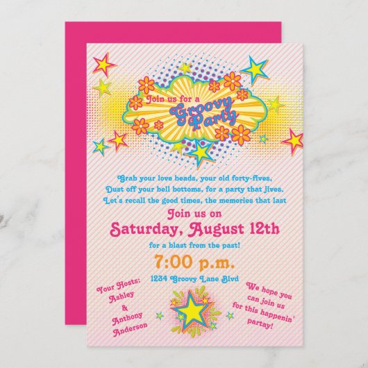70s Theme Groovy Flower Power Party Invitation Kaart (Voorkant / Achterkant)