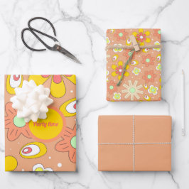 70's Vibe Perzik Kleur Zomer Patroon Inpakpapier Vel