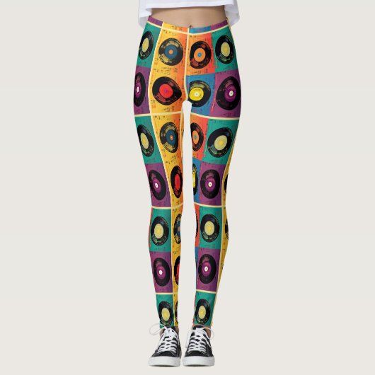 70s Vinyl Record Patroon Retro Leggings (Voorkant)