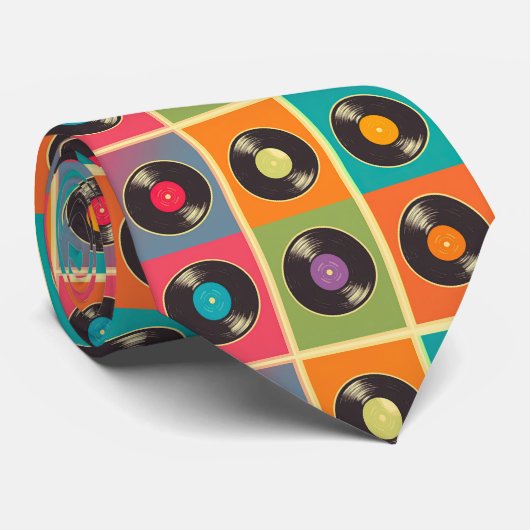 70s Vinyl Record Patroon Retro Stropdas (Opgerold)