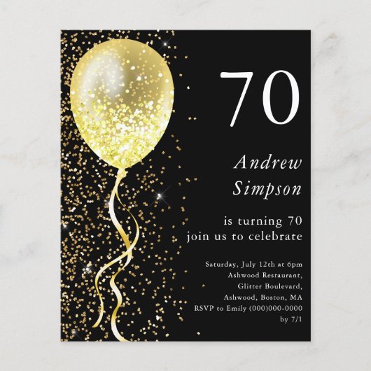 70ste | Black & Gold Verjaardag Budget Uitnodiging (Voorkant)