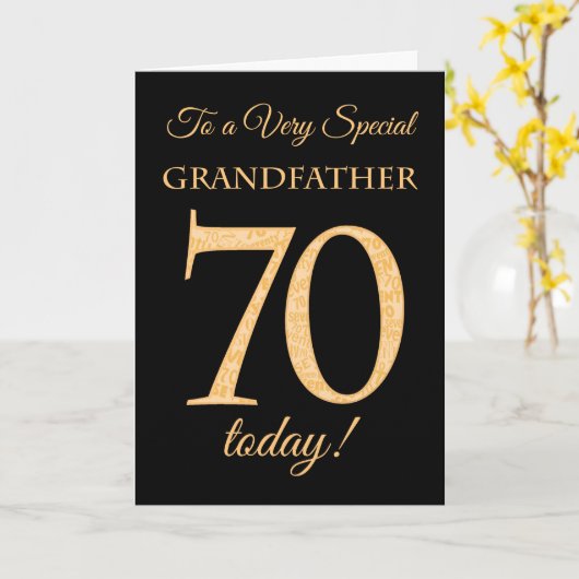 70ste Gouden Effect op Zwart, Grootvader Verjaarda Kaart (Gele Bloem)