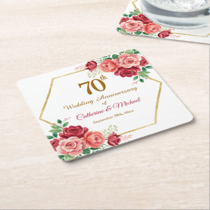 70ste huwelijksjubileum gouden lijst bloemen kartonnen onderzetters