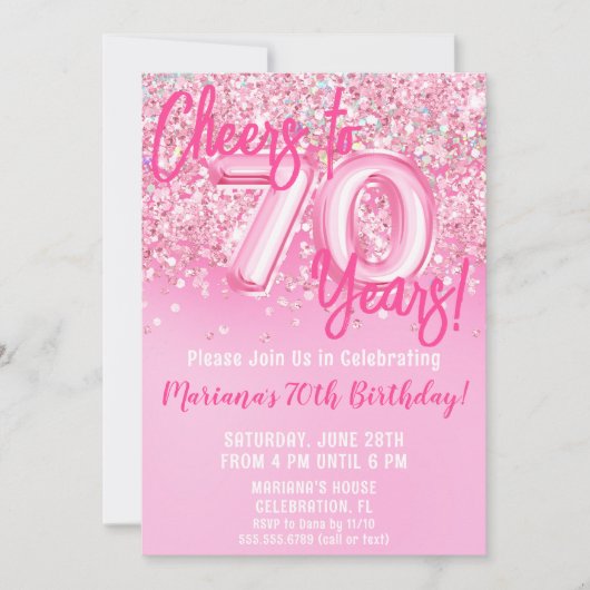70ste Roze Glitter Verjaardagsfeestje Kaart (Voorkant)