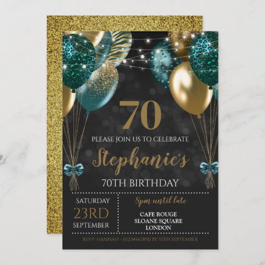 70ste Uitnodigen Blauwgroen Groene Gouden Uitnodig Kaart (Voorkant / Achterkant)