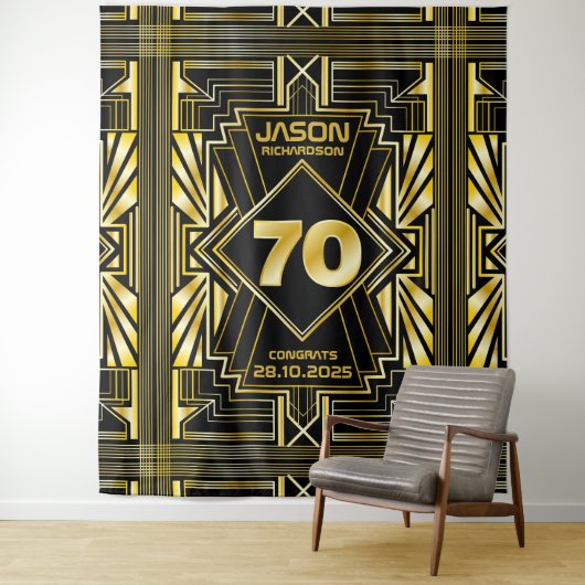 70ste verjaardag Art Deco Goud Zwart Great Gatsby Wandkleed (In situ)