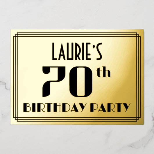 70ste verjaardag: Art Deco Kijk "70" en naam Folie Uitnodiging (Voorkant)