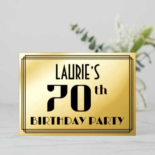 70ste verjaardag: Art Deco Kijk "70" en naam Folie Uitnodiging (Staand Voorkant)