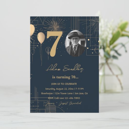 70ste verjaardag ballonnen en vuurwerk kaart (Staand voorkant)