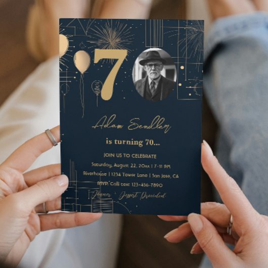 70ste verjaardag ballonnen en vuurwerk kaart