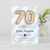 70ste verjaardag - Blauwe strepen Gouden ballonnen Kaart (Staand voorkant)