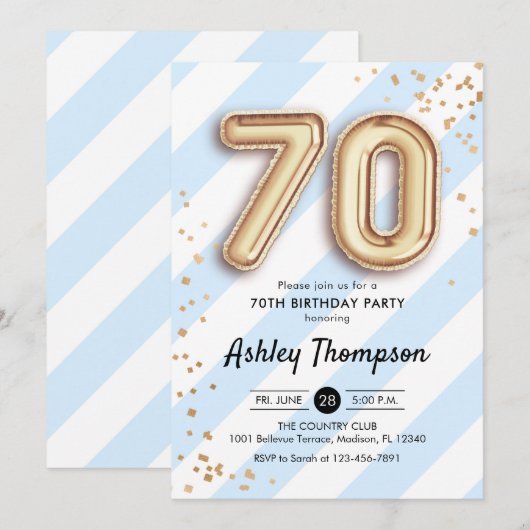 70ste verjaardag - Blauwe strepen Gouden ballonnen Kaart (Voorkant / Achterkant)