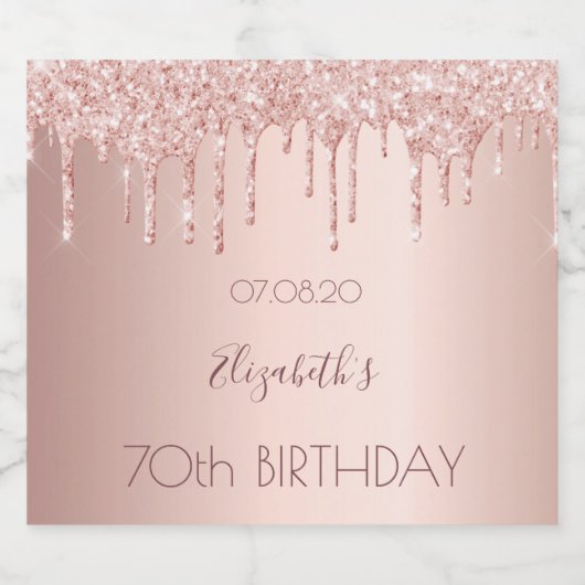 70ste verjaardag blush roos Gold Drips Naam Sparkling Wijnetiket (Enkel label)