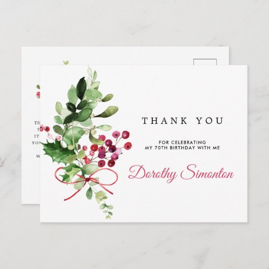 70ste verjaardag Dank u wel Rustic Winter Greenery Briefkaart (Voorkant / Achterkant)