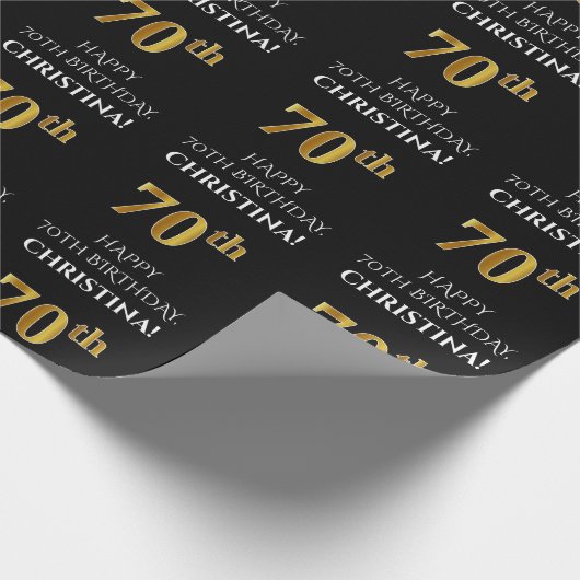 70ste verjaardag: Elegant, zwart, Faux Gold look Cadeaupapier (Hoek)