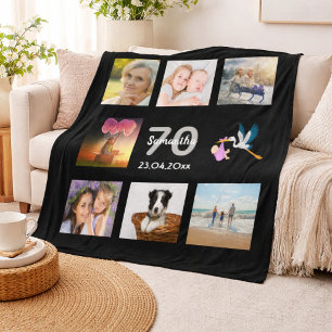 70ste verjaardag fotocollage zwart fleece deken